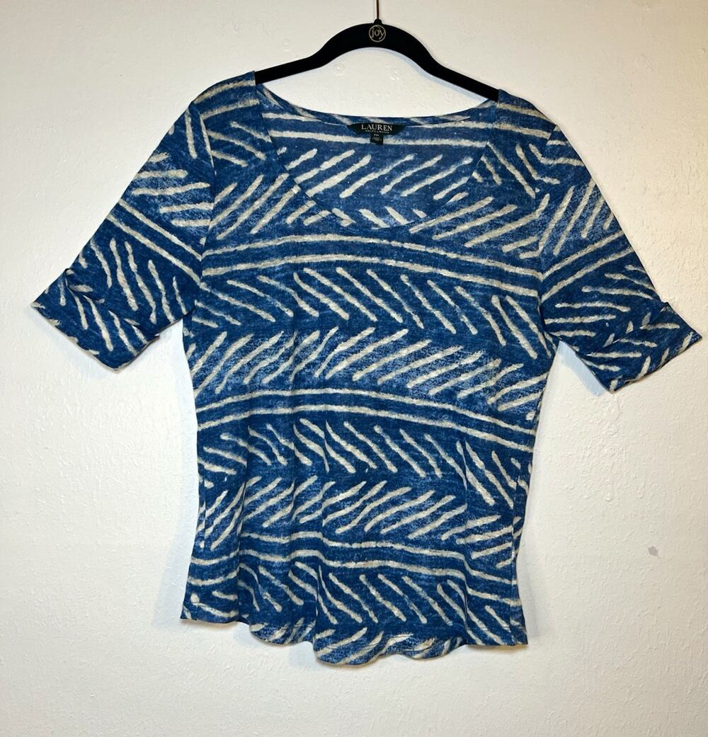 Lauren Ralph Lauren Petites PM Linen Blouse Blue White Abstract V-Neck Short